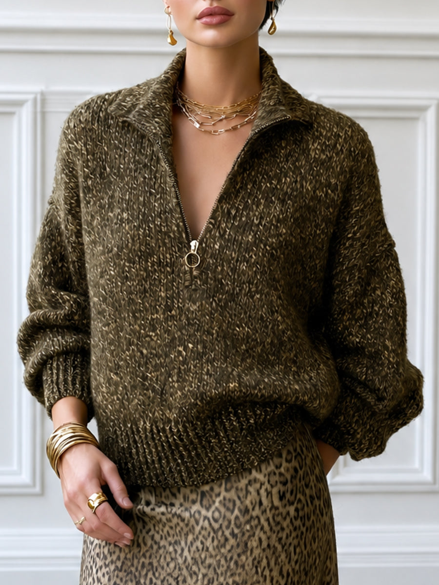 Quarter-Zip Chunky Knit Sweater With Collar