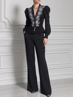 Black Embroidered Peplum Blazer & Pinstripe Wide Leg Pants Set
