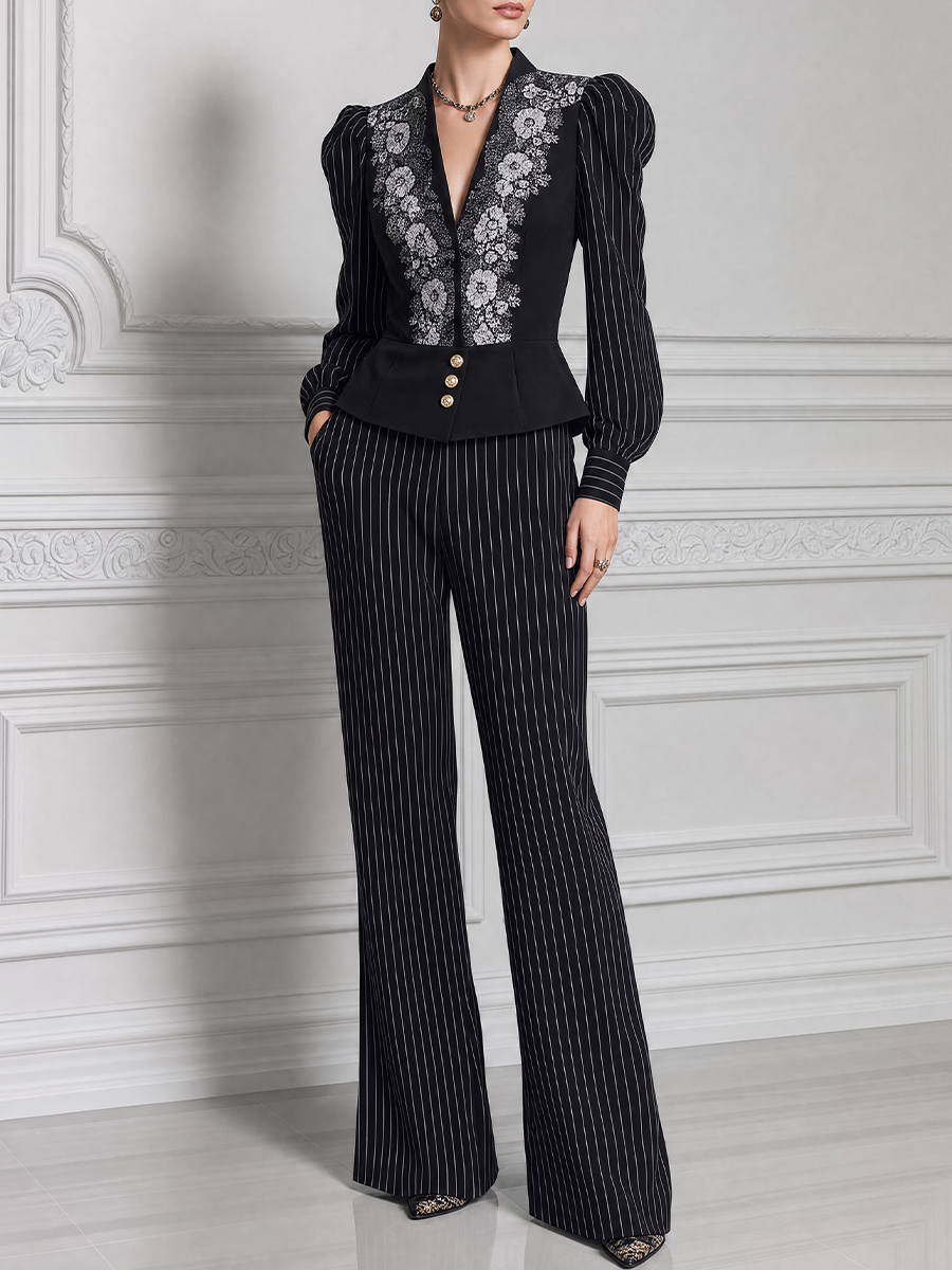 Black Embroidered Peplum Blazer & Pinstripe Wide Leg Pants Set