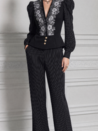 Black Embroidered Peplum Blazer & Pinstripe Wide Leg Pants Set