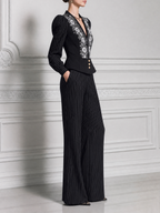 Black Embroidered Peplum Blazer & Pinstripe Wide Leg Pants Set