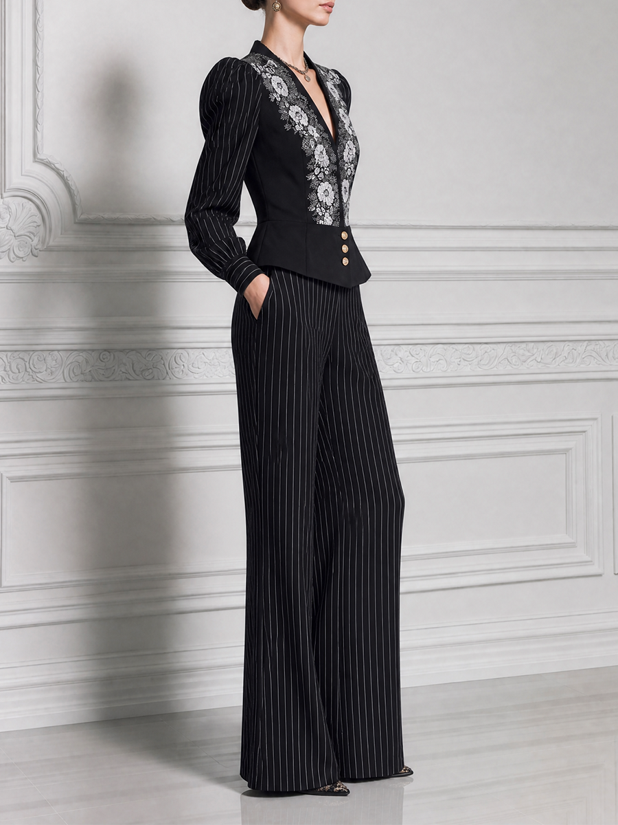 Black Embroidered Peplum Blazer & Pinstripe Wide Leg Pants Set