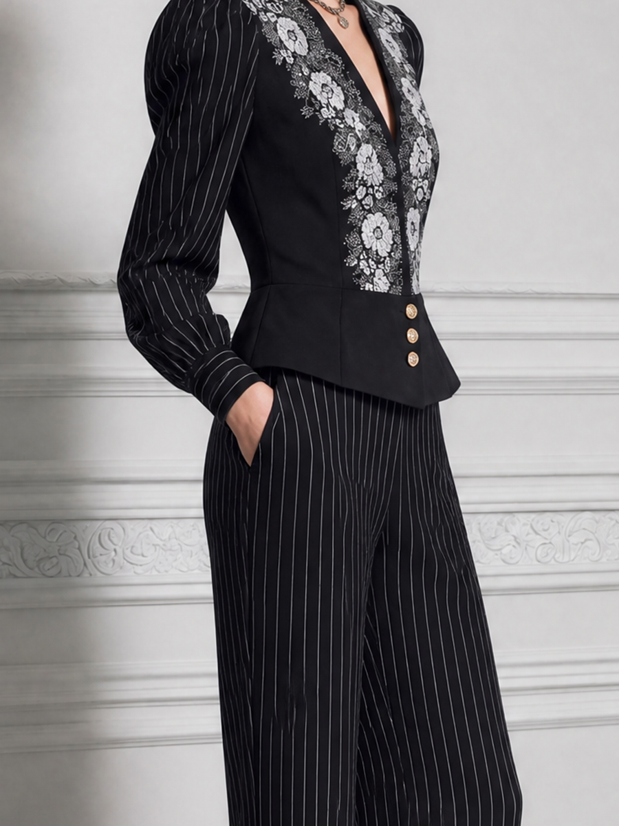 Black Embroidered Peplum Blazer & Pinstripe Wide Leg Pants Set