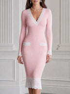Ribbed Knit Lace-Trim V-Neck Sheath Midi Dress