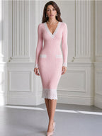 Ribbed Knit Lace-Trim V-Neck Sheath Midi Dress