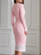 Ribbed Knit Lace-Trim V-Neck Sheath Midi Dress