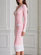 Ribbed Knit Lace-Trim V-Neck Sheath Midi Dress