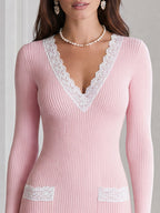 Ribbed Knit Lace-Trim V-Neck Sheath Midi Dress