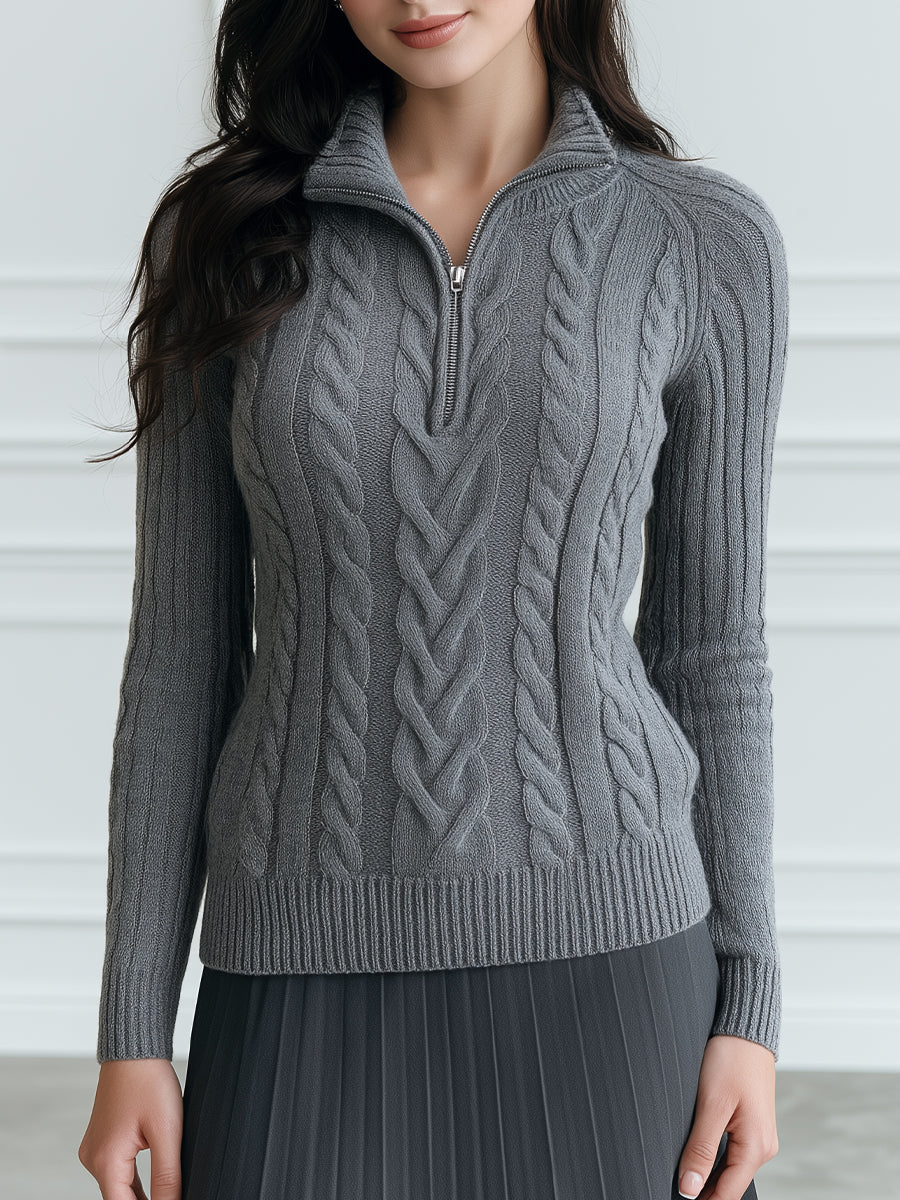Cable Knit Half-Zip Sweater Long Sleeve Pullover