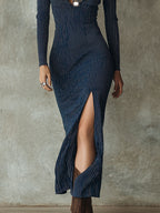 Retro-style Collared Striped Fitted Midi Dress With A High Slit