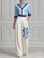 Blue Striped Shirt & White Floral Wide Leg Pants Set