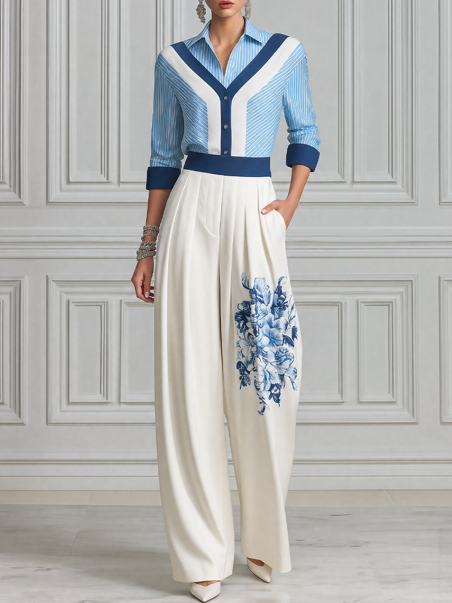Blue Striped Shirt & White Floral Wide Leg Pants Set