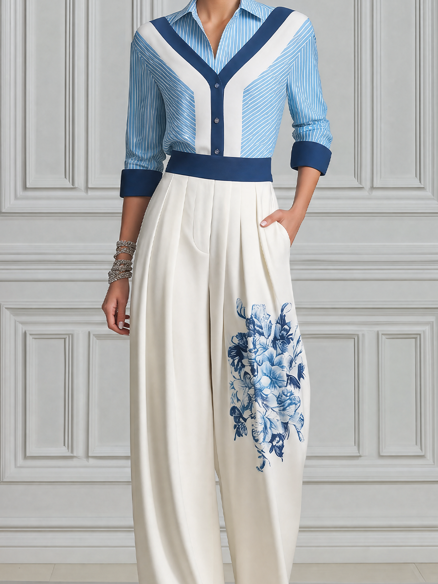 Blue Striped Shirt & White Floral Wide Leg Pants Set