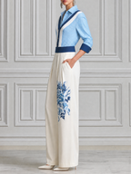 Blue Striped Shirt & White Floral Wide Leg Pants Set