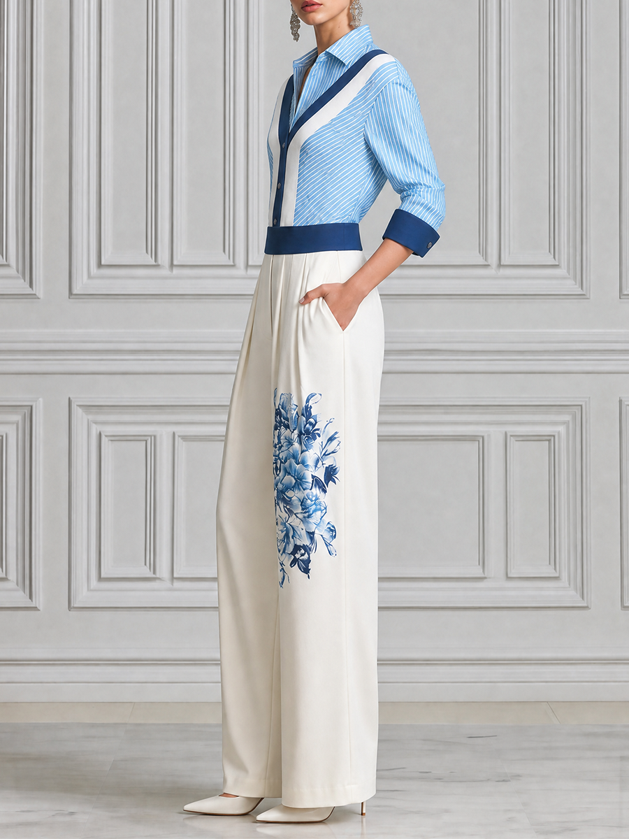 Blue Striped Shirt & White Floral Wide Leg Pants Set