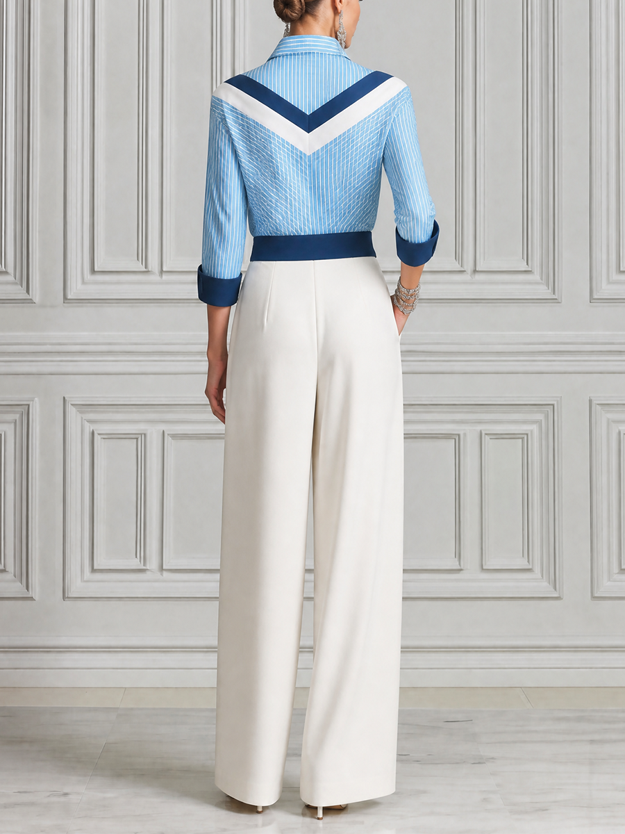Blue Striped Shirt & White Floral Wide Leg Pants Set