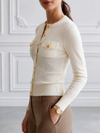 Gold Button Long Sleeve Knit Cardigan With Pockets
