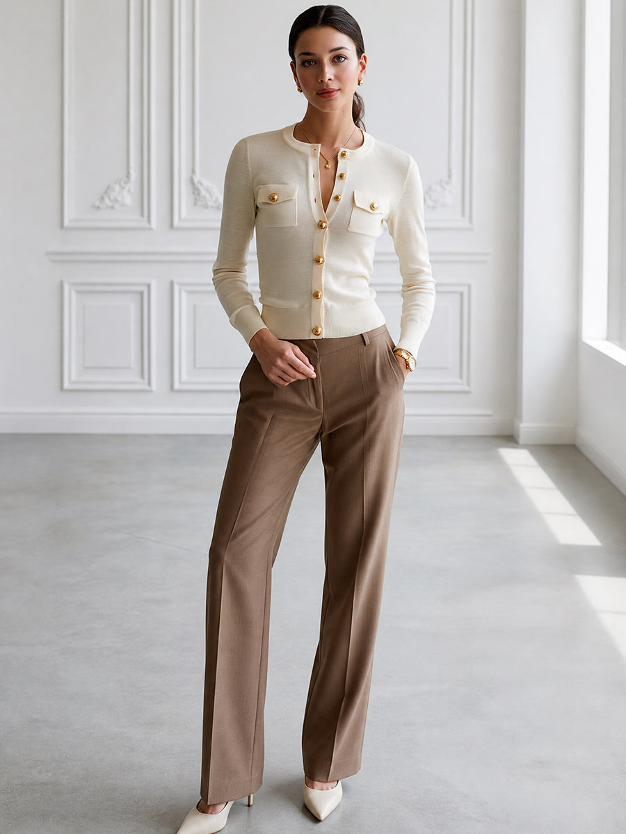 Gold Button Long Sleeve Knit Cardigan With Pockets