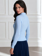 Sky Blue Pointelle Quarter-Zip Polo-Collar Fitted Knit Top