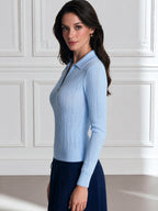 Sky Blue Pointelle Quarter-Zip Polo-Collar Fitted Knit Top