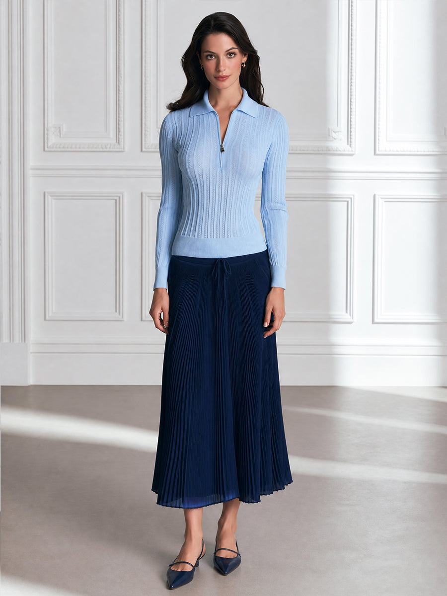 Sky Blue Pointelle Quarter-Zip Polo-Collar Fitted Knit Top