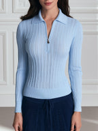 Sky Blue Pointelle Quarter-Zip Polo-Collar Fitted Knit Top