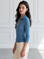 Blue Cable-Knit Deep V-Neck Polo-Collar Slim Sweater