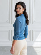 Blue Cable-Knit Deep V-Neck Polo-Collar Slim Sweater