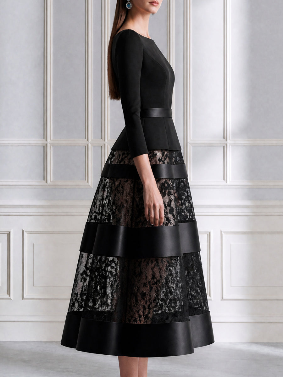 Elegant Boat Neck Lace Panel A-Line Midi Evening Dress
