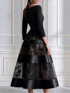 Elegant Boat Neck Lace Panel A-Line Midi Evening Dress