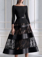 Elegant Boat Neck Lace Panel A-Line Midi Evening Dress