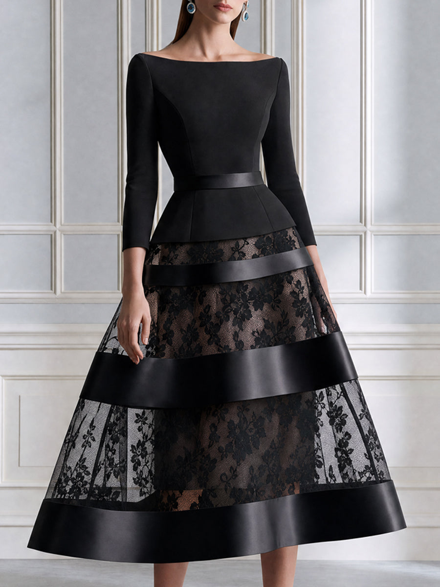 Elegant Boat Neck Lace Panel A-Line Midi Evening Dress