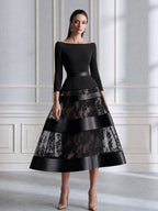Elegant Boat Neck Lace Panel A-Line Midi Evening Dress