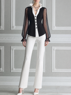 Black White Sheer Sleeve Blazer Top & Pleated Flare Pants Set