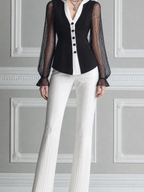 Black White Sheer Sleeve Blazer Top & Pleated Flare Pants Set