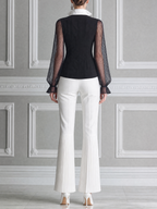 Black White Sheer Sleeve Blazer Top & Pleated Flare Pants Set