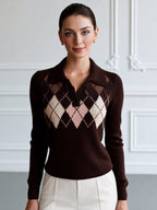 Argyle Pattern Polo Collar Knit Sweater
