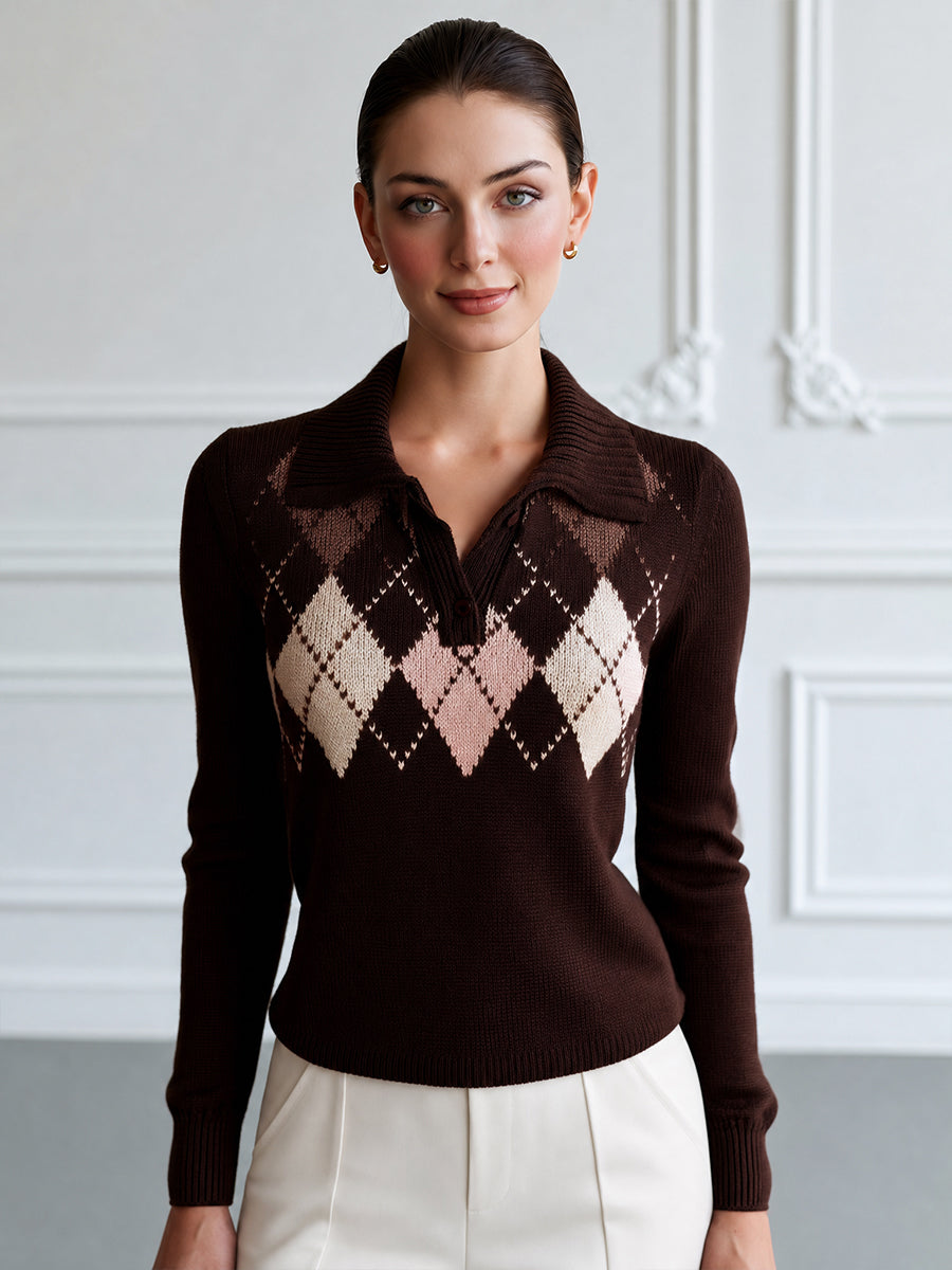 Argyle Pattern Polo Collar Knit Sweater