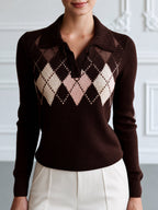 Argyle Pattern Polo Collar Knit Sweater