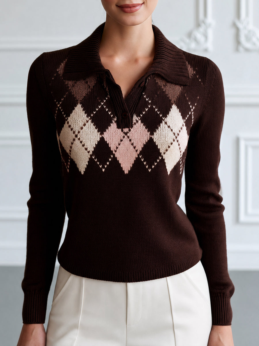 Argyle Pattern Polo Collar Knit Sweater