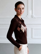Argyle Pattern Polo Collar Knit Sweater