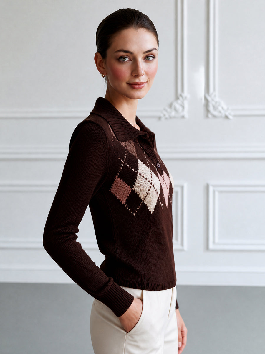 Argyle Pattern Polo Collar Knit Sweater