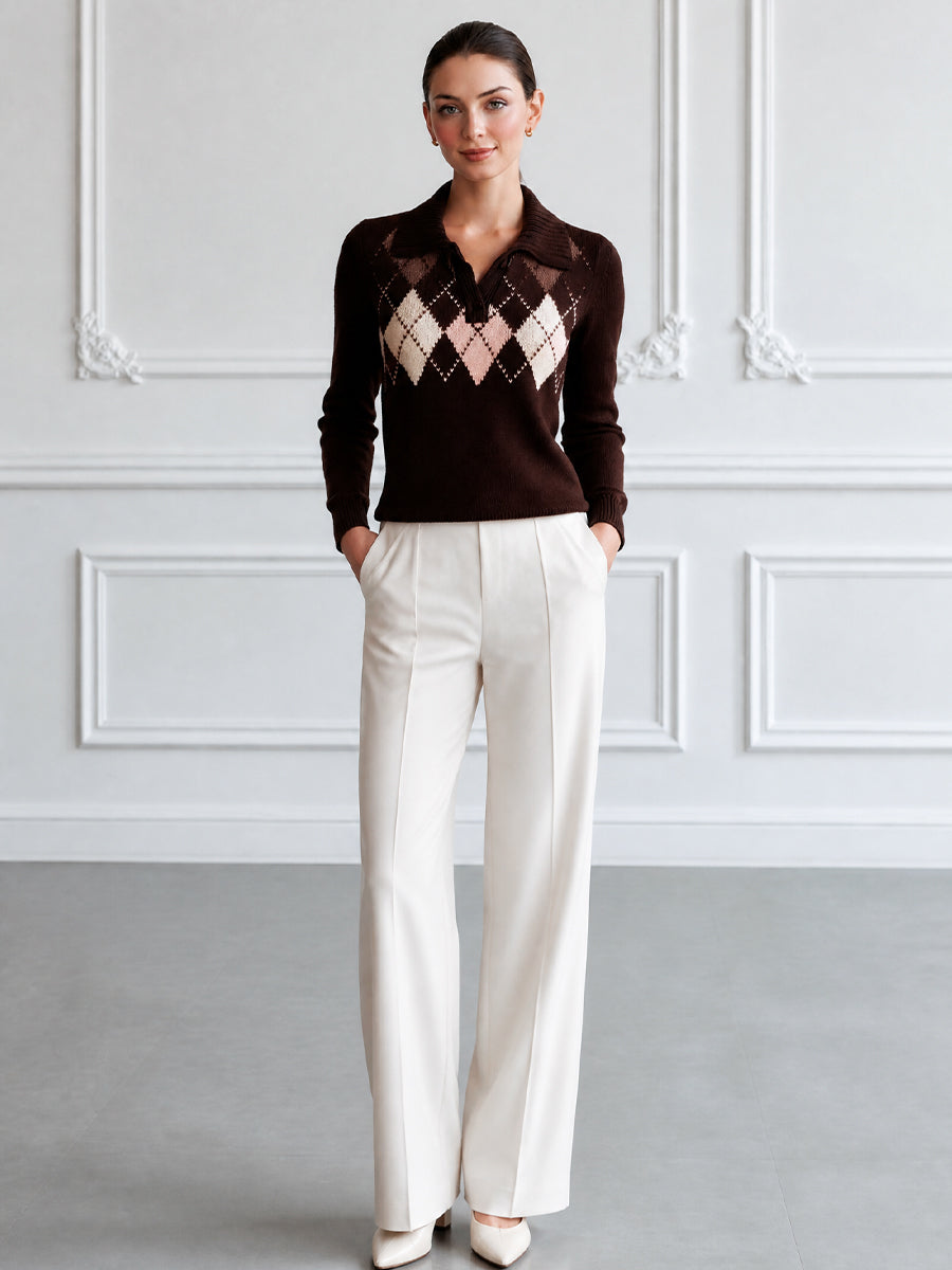 Argyle Pattern Polo Collar Knit Sweater