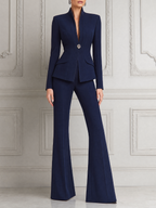 Navy Fall Fashion Shawl Collar Blazer & High Waist Flare Pants Suit Set