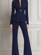 Navy Fall Fashion Shawl Collar Blazer & High Waist Flare Pants Suit Set