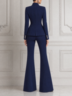 Navy Fall Fashion Shawl Collar Blazer & High Waist Flare Pants Suit Set