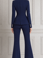 Navy Fall Fashion Shawl Collar Blazer & High Waist Flare Pants Suit Set