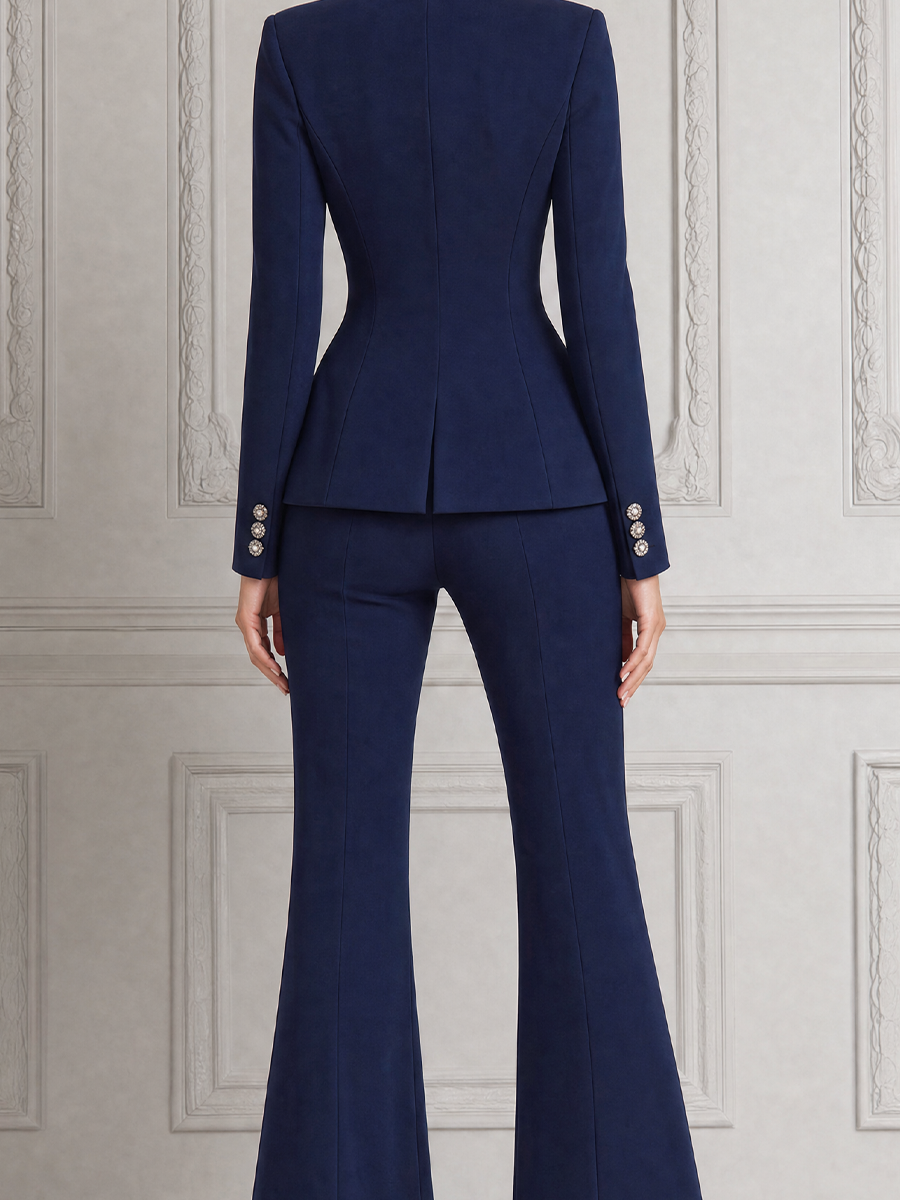 Navy Fall Fashion Shawl Collar Blazer & High Waist Flare Pants Suit Set