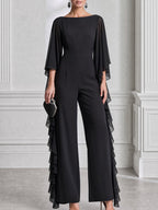 Elegant Chiffon Cape Sleeve Wide Leg Jumpsuit