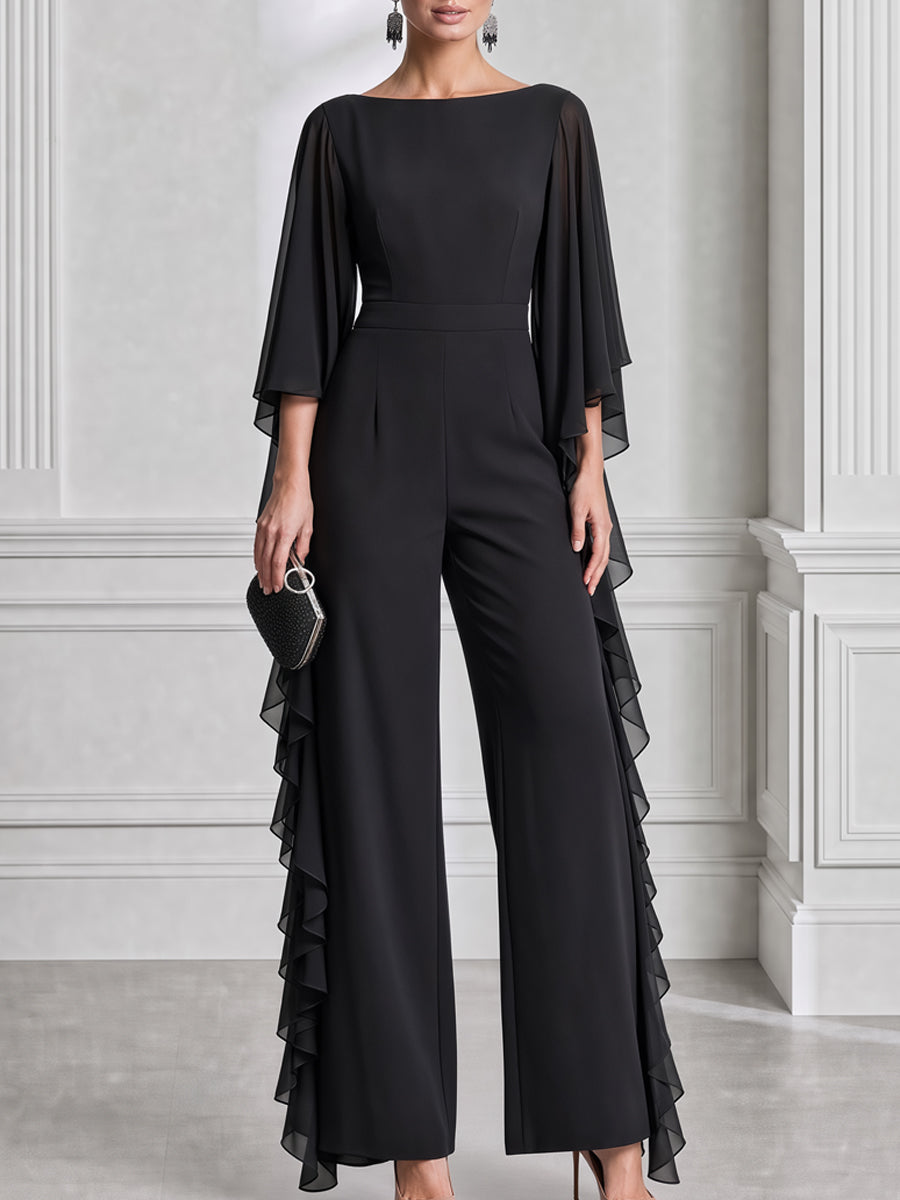 Elegant Chiffon Cape Sleeve Wide Leg Jumpsuit